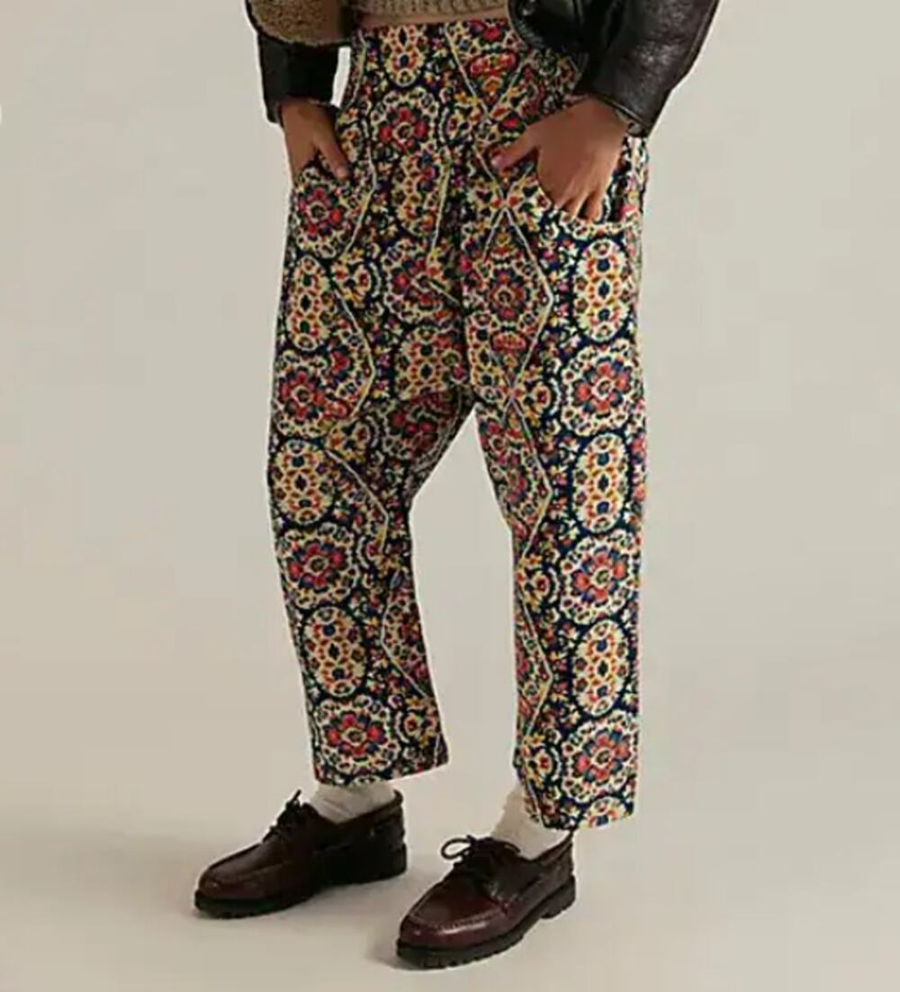 Free People X We the Free Lunan Crop Harem Cord Printed Jeans, Size XS
